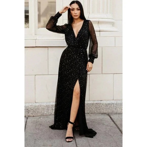Baltic Born Abigail Sparkle Gown Black Gold Sequins Semi Sheer V Neck Medium New - Picture 1 of 14